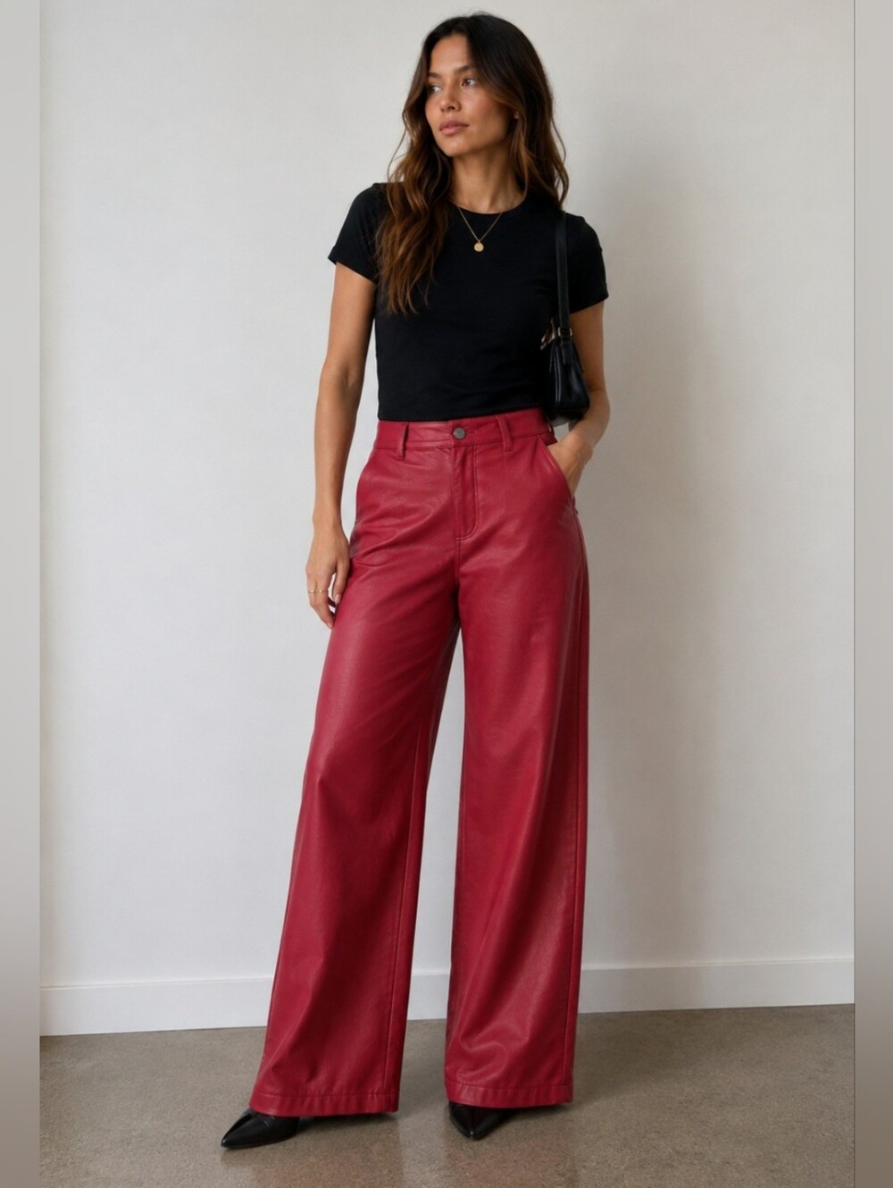 Rae Mode deep red faux leather wide leg pants size L high rise vegan leather tro